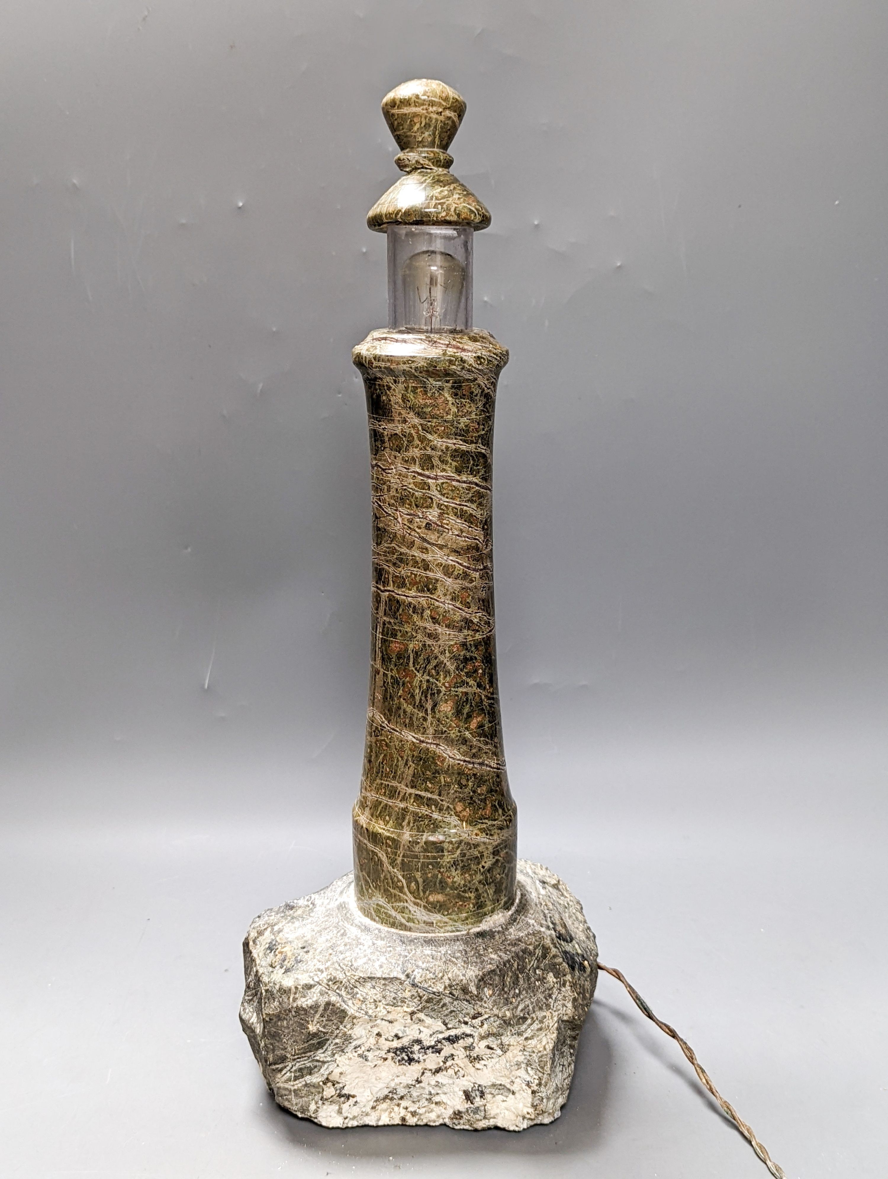 A Cornish serpentine ‘lighthouse’ table lamp 44cm